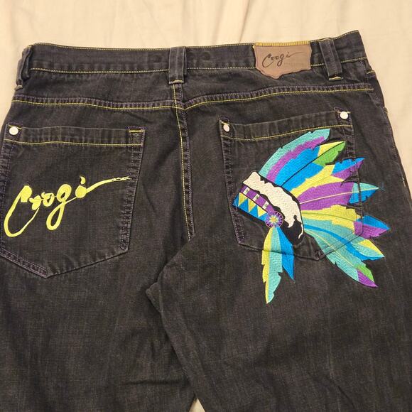 Vintage Coogi Jeans Size 40x32 Embroidered Indian Headdress Black Denim *read* - Picture 1 of 16